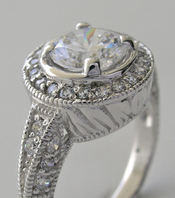 HALO ENGAGEMENT RING SETTING WITH ART DECO STYLE MIL GRAINING AND DIAMOND ACCENTS