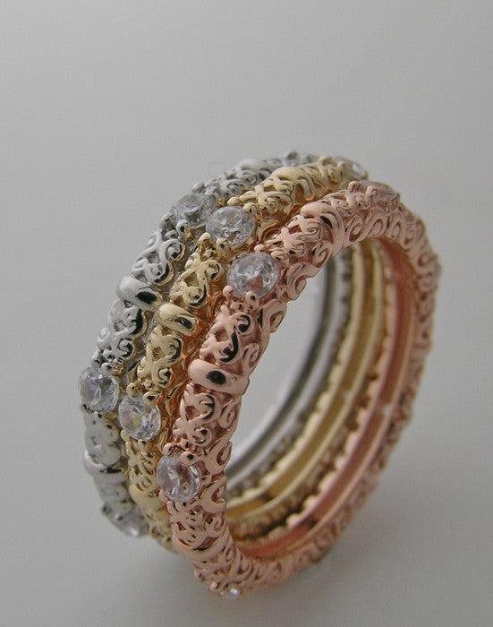 PRETTY TRI COLOR DIAMOND STACKABLE RING BAND SET