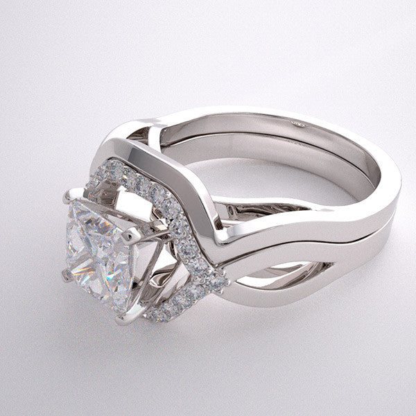 GEOMETRIC ENGAGEMENT RING SETTING AND MATCHING WEDDING RING ARCHITECTURAL DESIGN