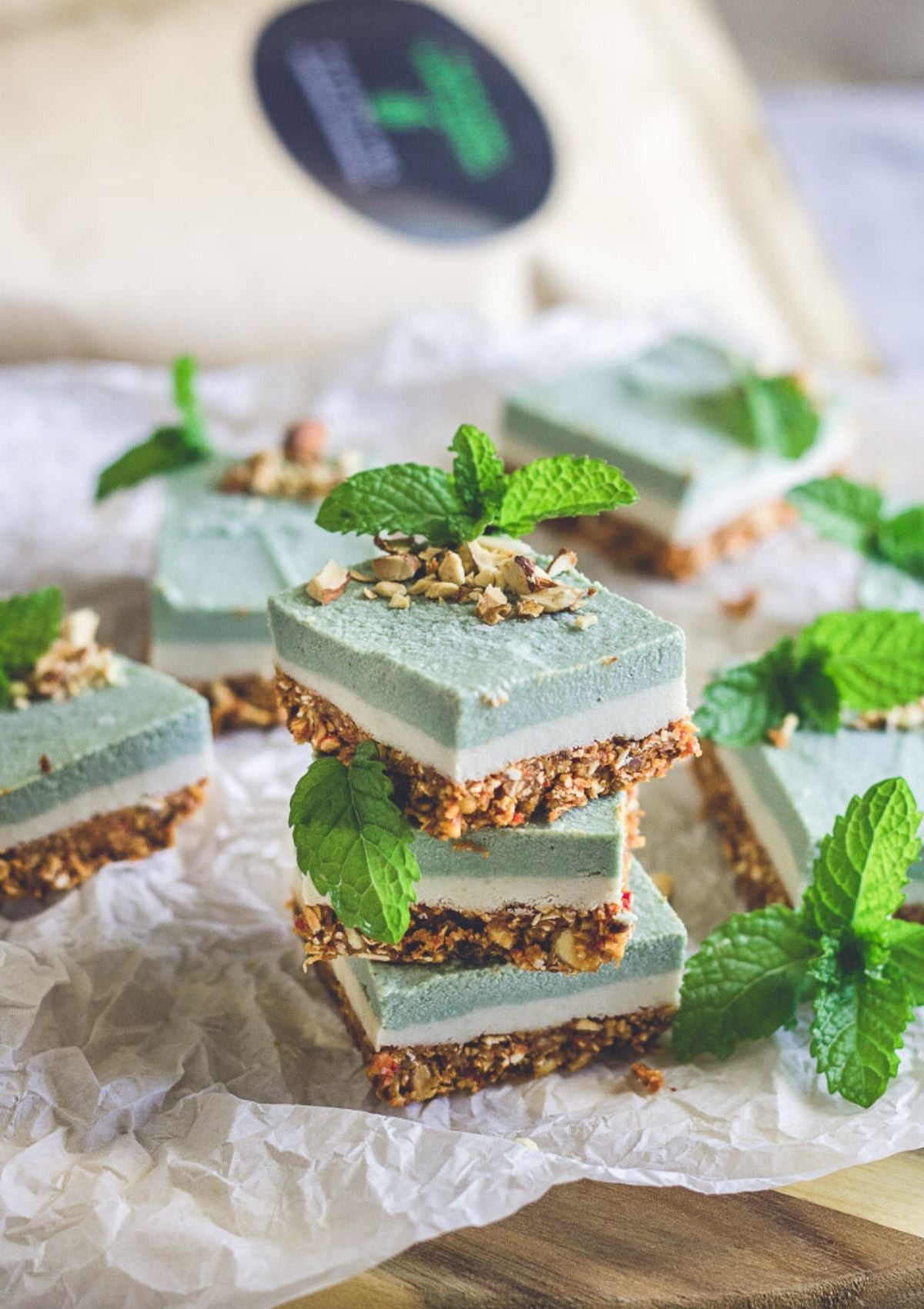 peppermint cashew slices stacked with elevenlabs alkalising super greens