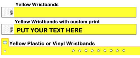 Custom Print on Yellow tyvek, Vinyl, and Silicone Wristbands.