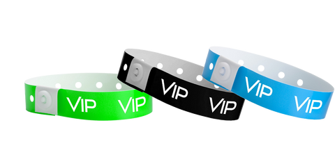 White VIP print on plastic wristbands.