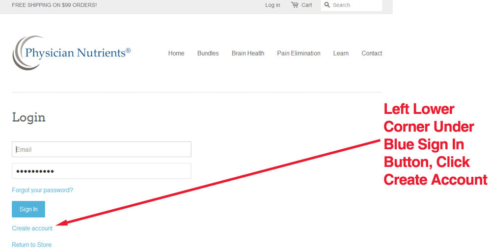 Create Account at Physician Nutrients