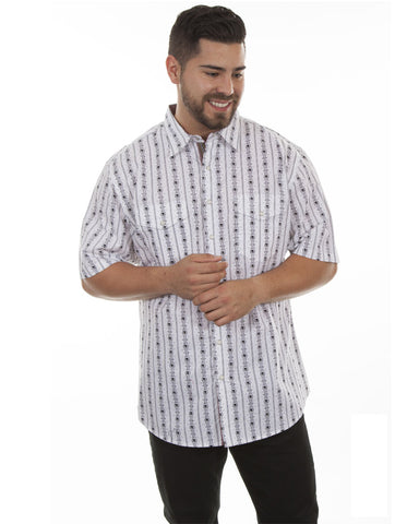 Mens Skull Stripe Short Sleeve Western Shirt - White