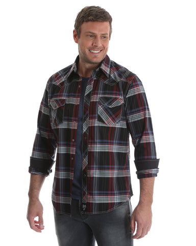 Mens Rock 47 Embroidered Plaid Long Sleeve Western Shirt - Black