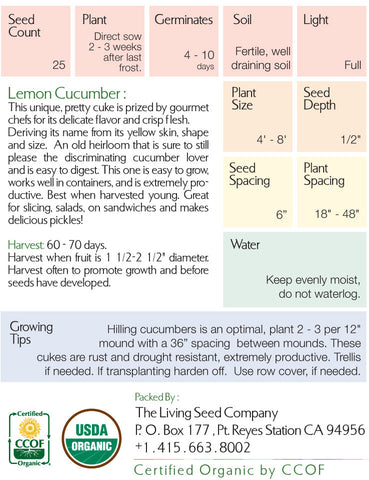 Organic Lemon Cucumber (Cucumis Sativus) Seed Packet