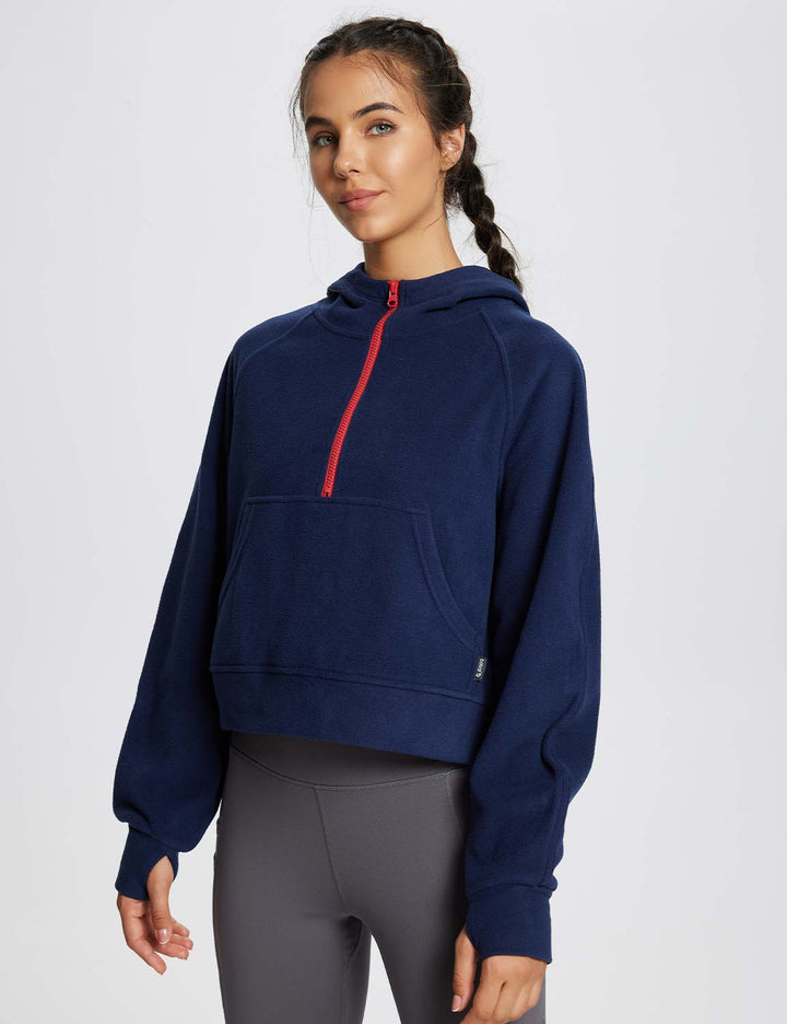 Baleaf Women's Thermal Hooded Cropped Pullover dbd083 Blue Side