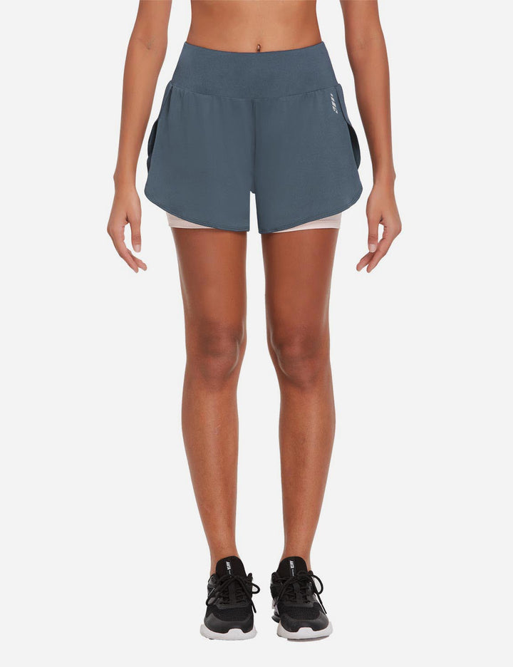 Baleaf Women's 3'' 2-in-1 Drawstring Running Shorts w Zipper Pocket abd388 Gray Front