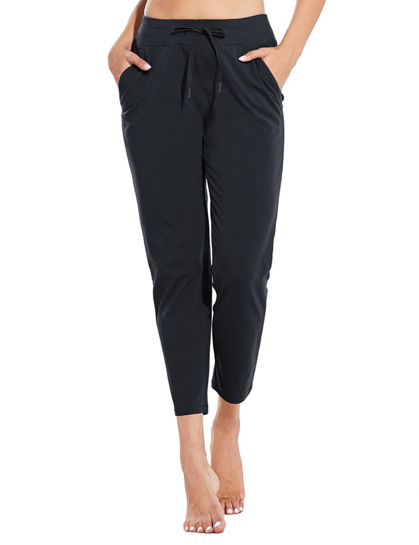 Baleaf Women's Mid Rise Casual Tapered Capris w Side Pockets abh222 Black Front