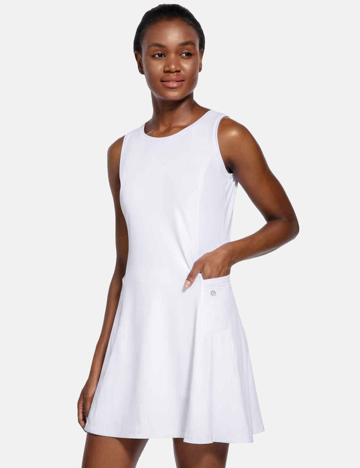 Baleaf Women's 2-in-1 Casual Crew Neck Sleeveless Tennis Dress cbd037 White Side