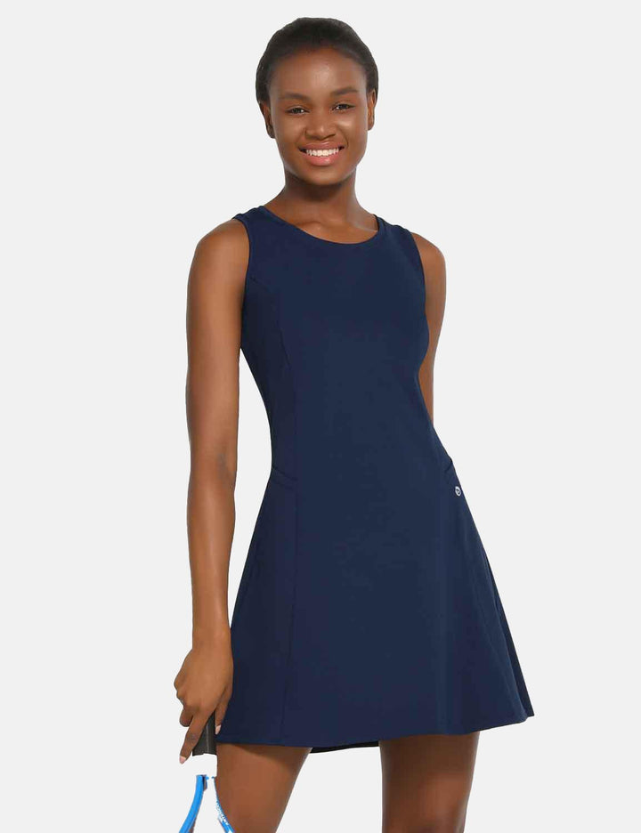 Baleaf Women's 2-in-1 Casual Crew Neck Sleeveless Tennis Dress cbd037 Dress Blues Side