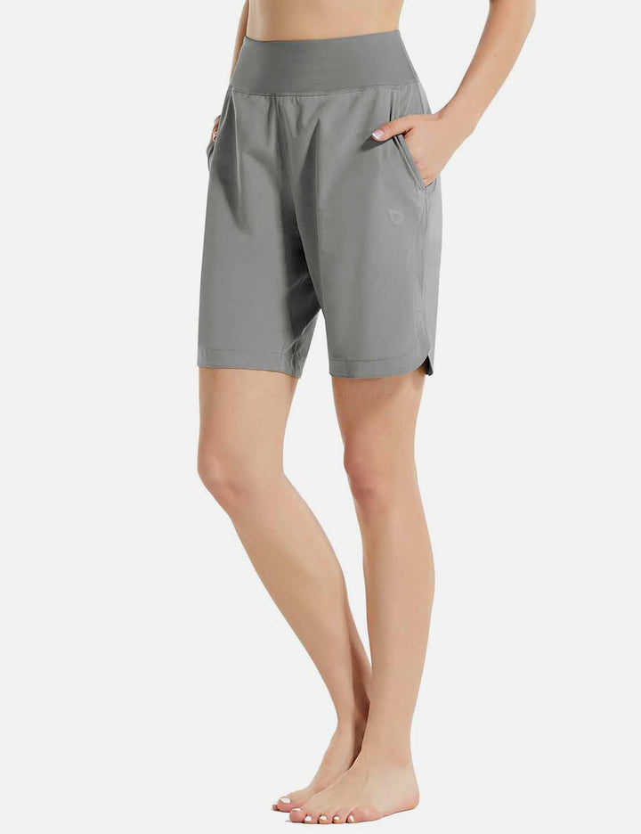 Baleaf Women's 8" High Rise Quick Dry Knitted Pocketed Bermuda Shorts ccg063 Frost Gray Side 