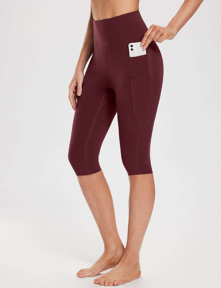 Baleaf Women's High Rise Knee-length Pocketed Capris Chocolate Truffle with Phone Pocket