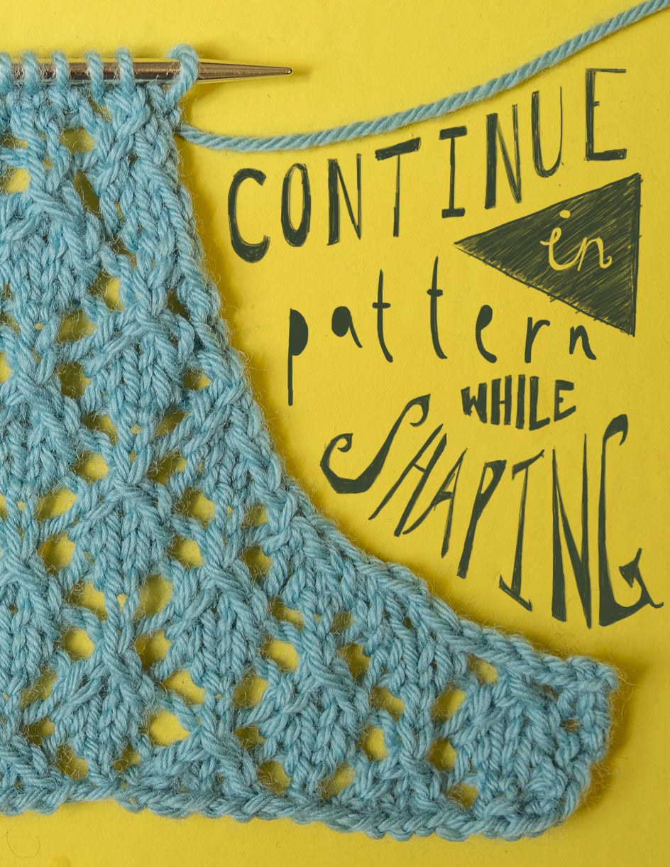 robins egg blue swatch in geometric lace pattern with armhole-like shaping. Text saying "continue in pattern while shaping"