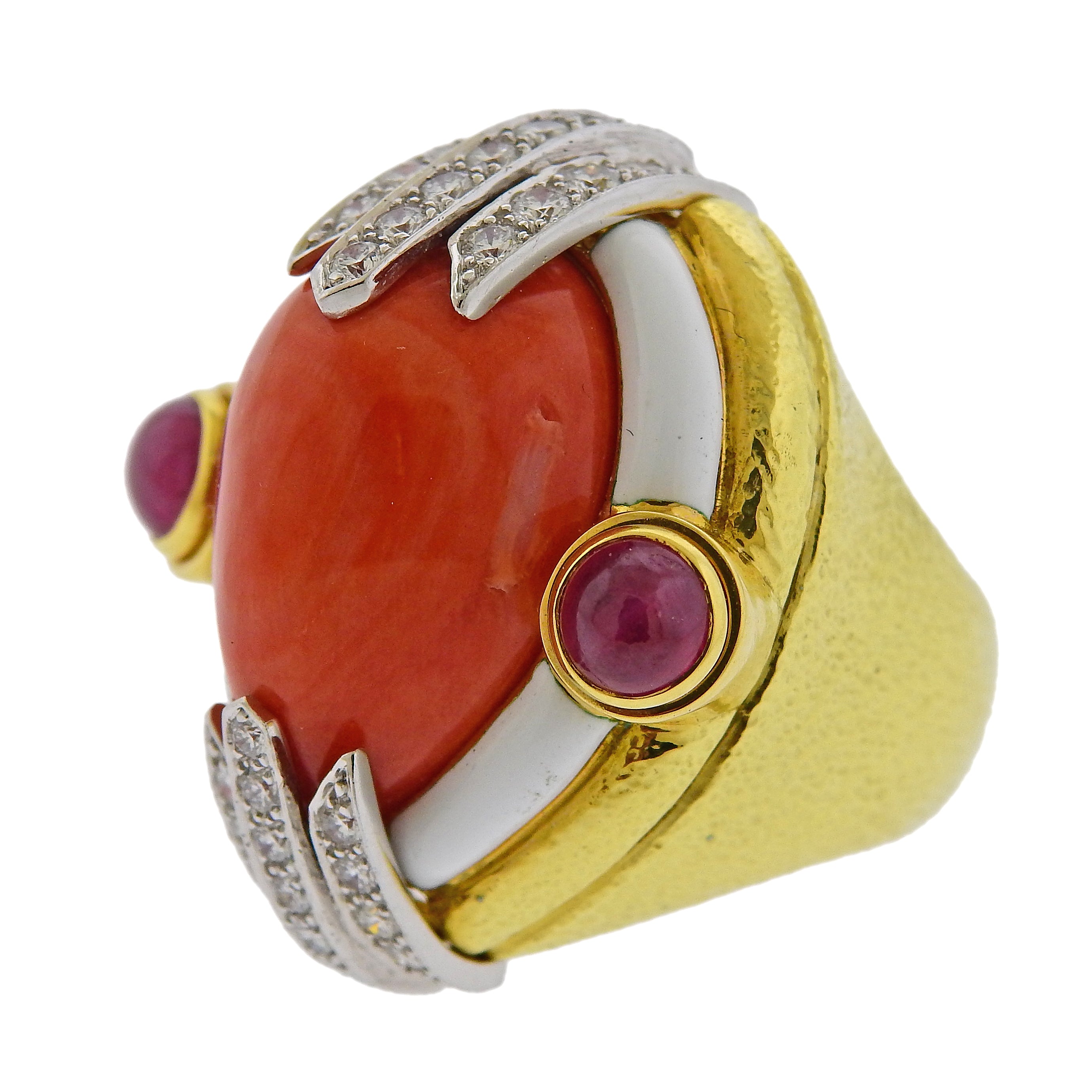 David Webb Coral Ruby Diamond Enamel Gold Platinum Ring – Oak Gem