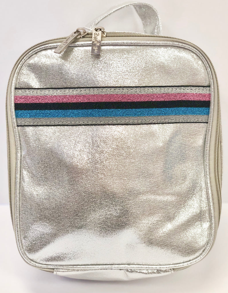 silver lunch box with bag