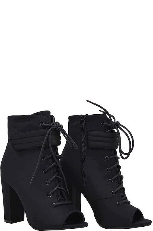 Lace Up Chunky Heel Open Toe Bootie 