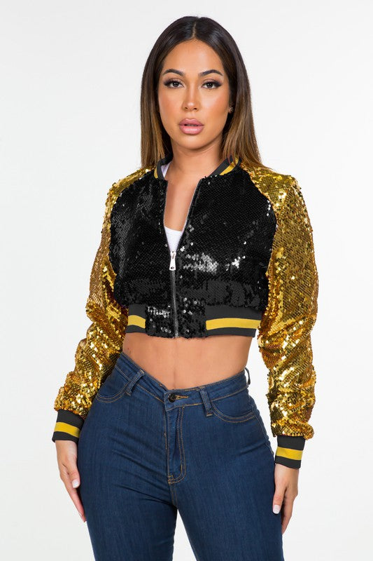 Sequins Varsity Jacket - BLK / S