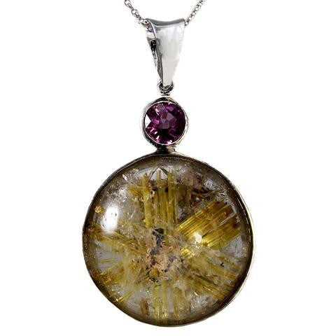 Sterling Silver Round Rhodolite Garnet and Rutilated Quartz Necklace