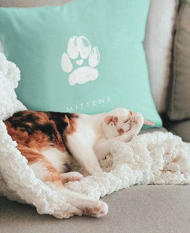 cat laying on personalized cat paw pillow
