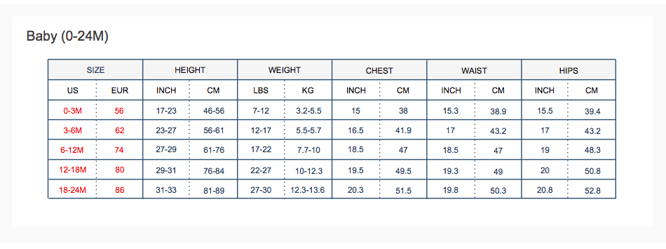 Toobydoo Size Chart Baby