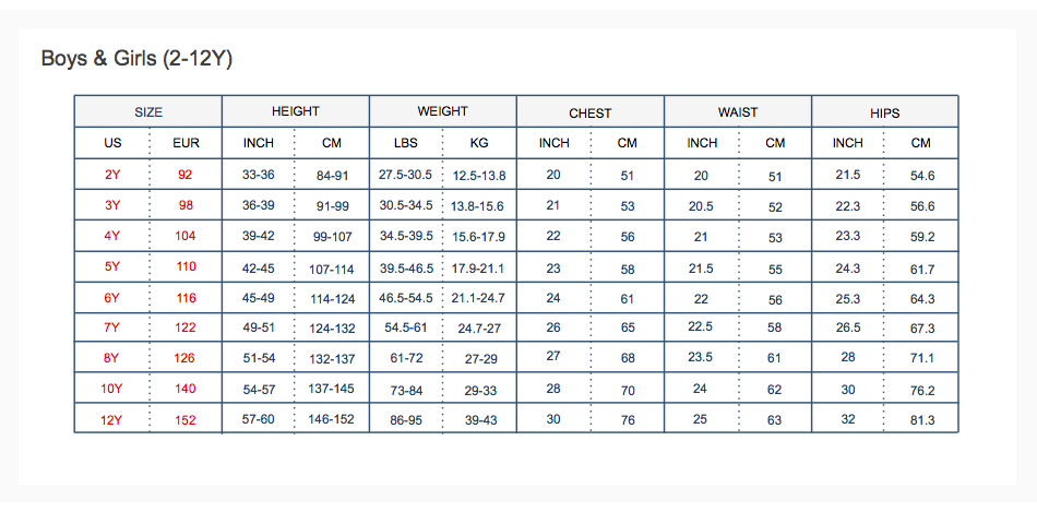 Toobydoo Size Chart Kids