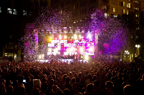 A moment from the crowd at MusicfestNW. The artists on stage seem to be exciting the crowd.