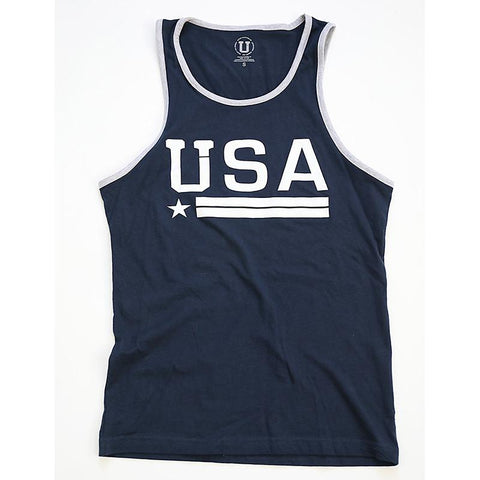 A navy blue tank top with USA in white lettering.