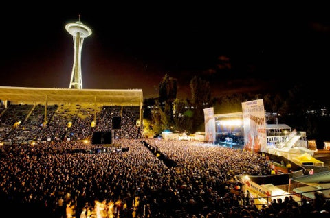 A crowd during Bumbershoot at a stage close to the Space Needle.