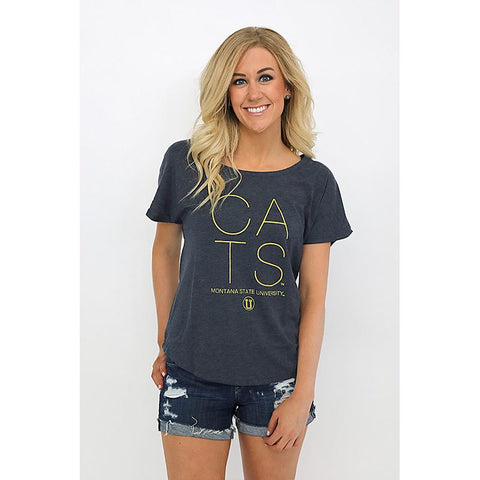Grey/blue tee shirt with CATS in gold lettering.