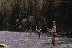 Three men fly fish in the Clark Fork near Missoula Montana from the movie A River Runs Through It.