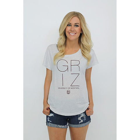 White tee with maroon lettering that says GRIZ.