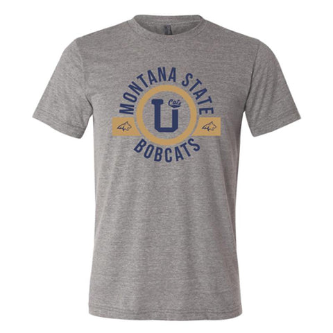 A grey shirt with blue lettering that says Montana State Bobcats in a gold ring.