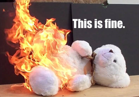 A white teddy bear on fire saying this is fine.