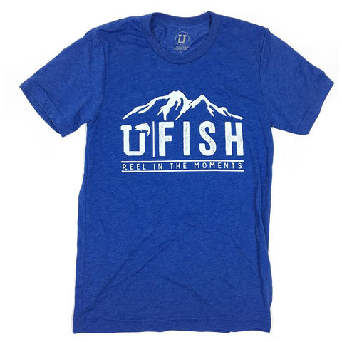 Royal blue tee shirt with the outline of a mountain in White with the UPTOP logo that says U Fish: Reel in the moments.