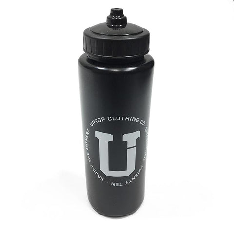 A black water bottle with white lettering.