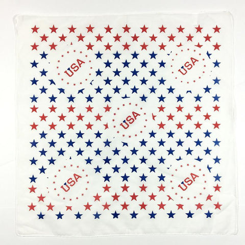 A white bandana with red and blue stars that says USA.