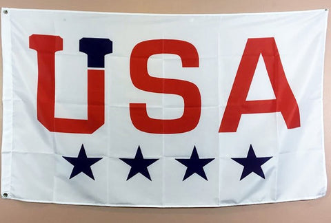 A white flag with USA in red letters and four navy blue stars