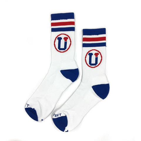 White crew socks with red and blue designs, and the UpTop logo.