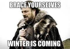 Meme with an actor dressed in furs and a thick coat, holding a sword. Text says: Brace yourselves, winter is coming.