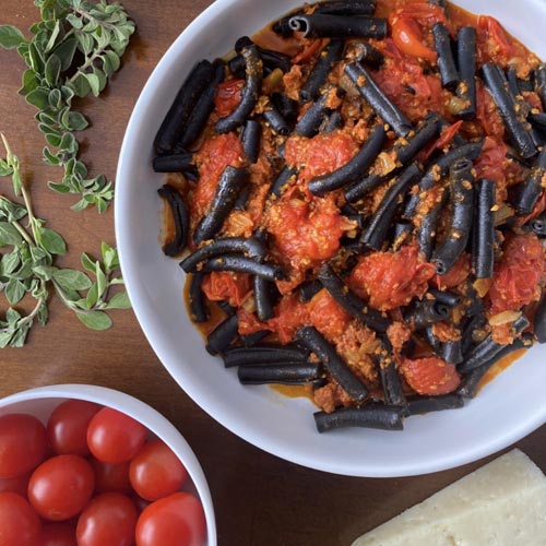 Cuttlefish Ink Spaccatelli with Nduja and Roasted Tomato Sauce