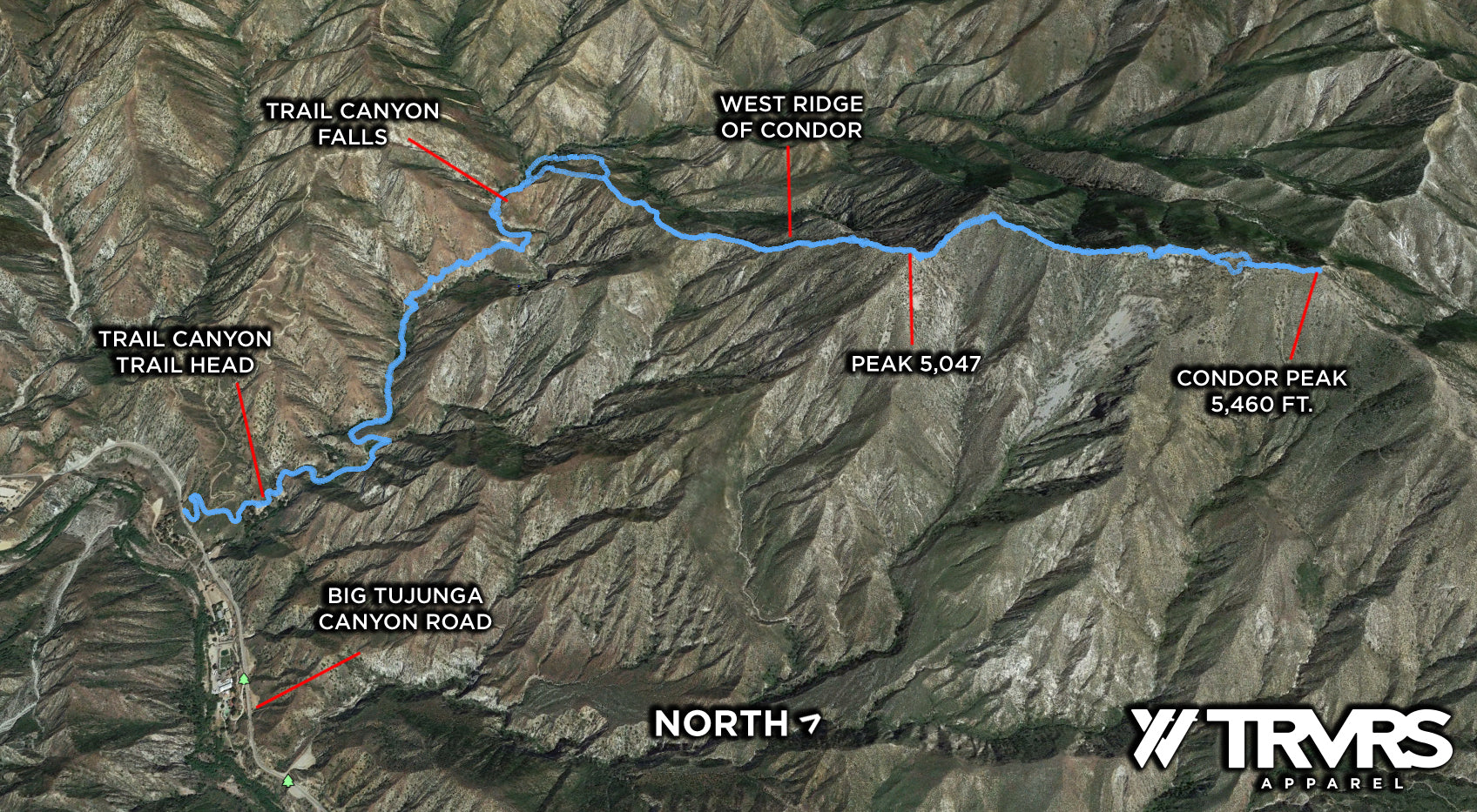 Google Earth Overview - Condor peak via West Ridge - Big Tujunga Canyon - Angeles National Forest - San Gabriel Mountain Range - TRVRS APPAREL - Clothing Brand