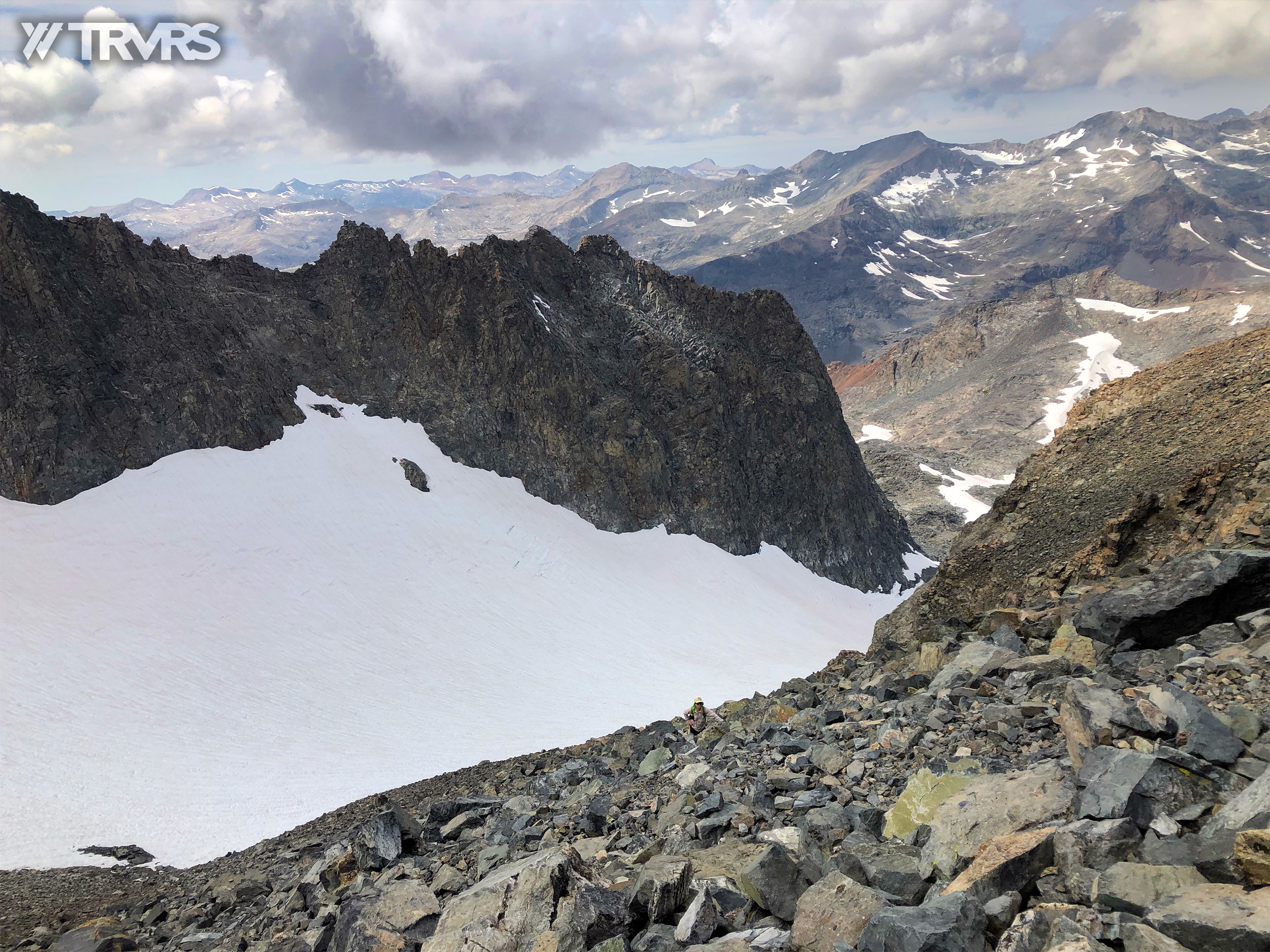 Looking down the Southwest Slope of Banner Peak  - Ritter-Banner Saddle, Lake Catherine, Glacier Pass, Thousand Island Lake, River Trail, Pacific Crest Trail, Middle Fork, Agnew Meadow, Ansel Adams Wilderness, Mammoth Lakes, Sierra Nevada | TRVRS Apparel