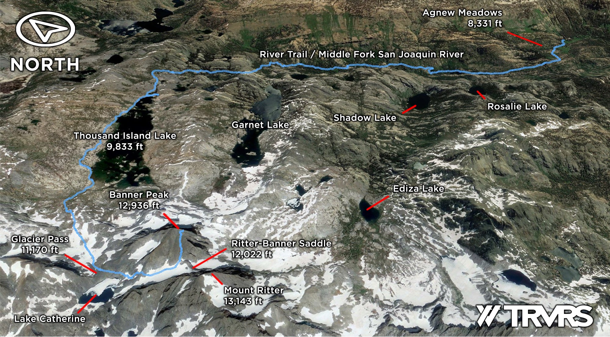 Google Earth Overview - Banner Peak via Lake Catherine, Ritter-Banner Saddle, Glacier Pass, Thousand Island Lake, Pacific Crest Trail, Middle Fork San Joaquin River, River Trail, Agnew Meadows, Ansel Adams Wilderness, Mammoth Lakes, Sierra Nevada Mountains | TRVRS Apparel