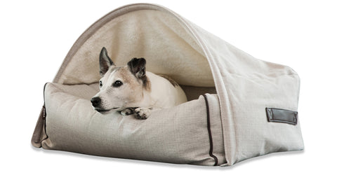KONA CAVE, Luxury dog cave bed for dogs that like to sleep burrow and sleep under blankets will love this canopy cuddle cave bed.