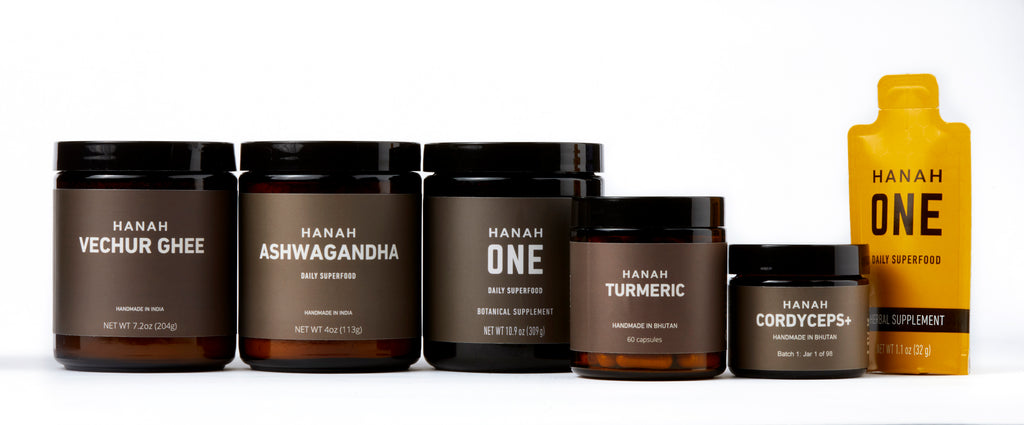 All the HANAH goodies: Turmeric+, HANAH ONE, Go-Packs, Cordyceps+, Vechur Ghee and Ashwagandha+