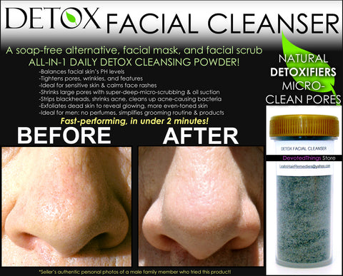 detox facial cleanser advertisement image with a before and after picture of blackheads on a nose going away