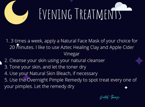 dark blue and yellow image explaining the evening treatments for skin care and listing steps by number