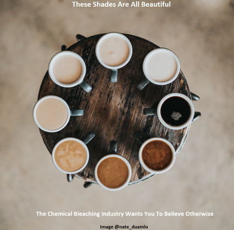 round wooden table with an overhead view of cups of coffee and cream with different shades