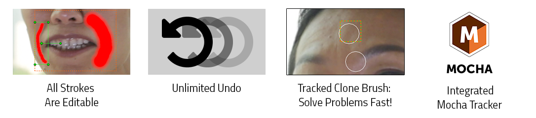 Every stroke is editable, non destructive video paint, unlimited undo, tracked clone brush easily solves problems